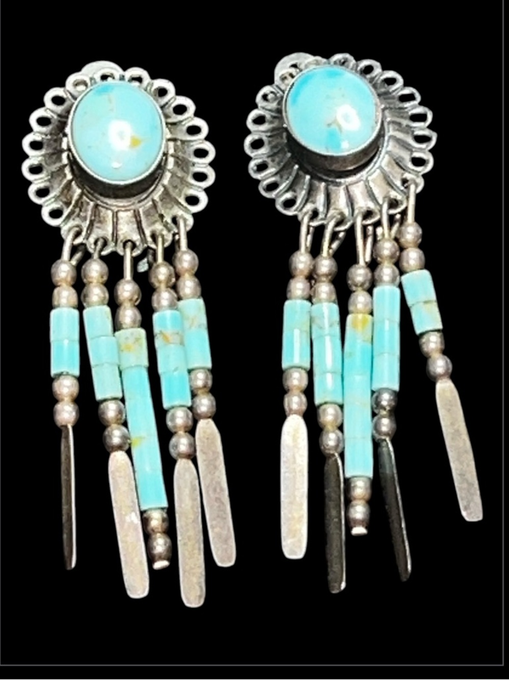 Vintage Native American Sterling Silver Turquoise Dangle Silver Clip On Earrings